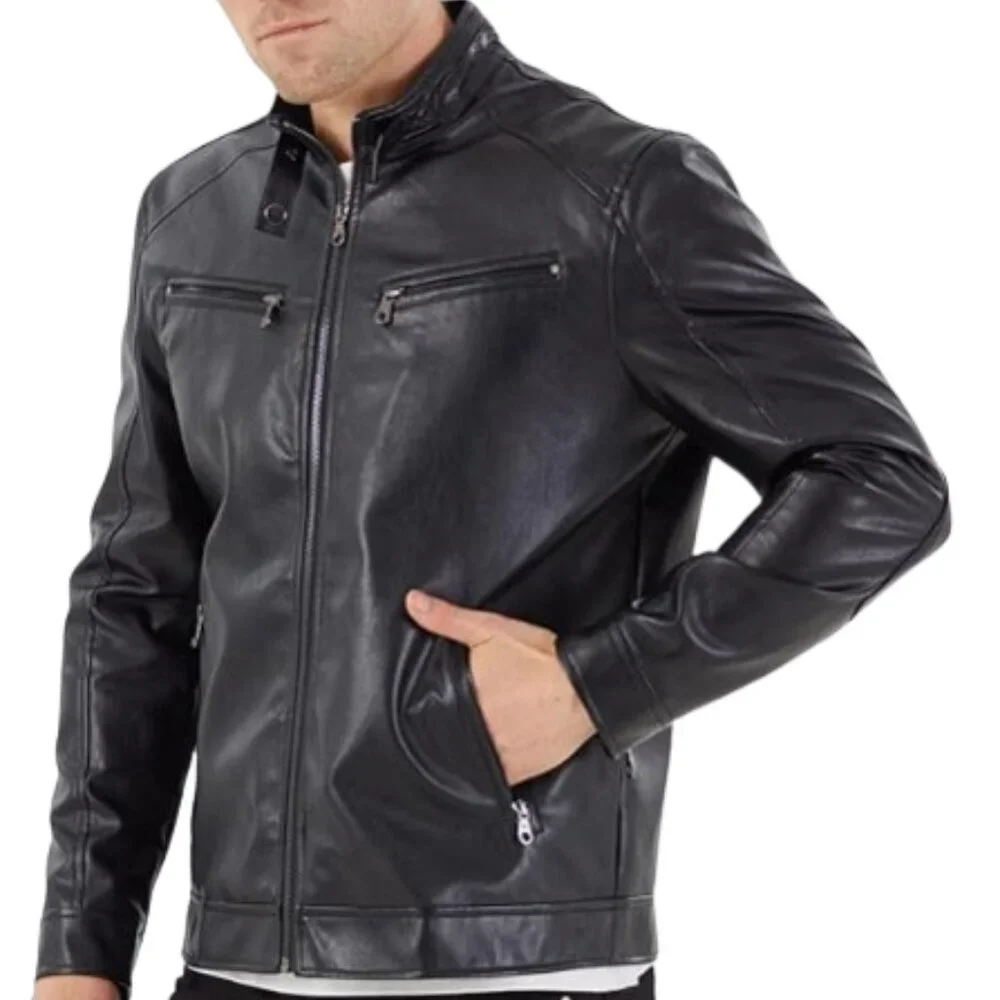 NEW Black Faux Leather Biker Jacket Men's XL
